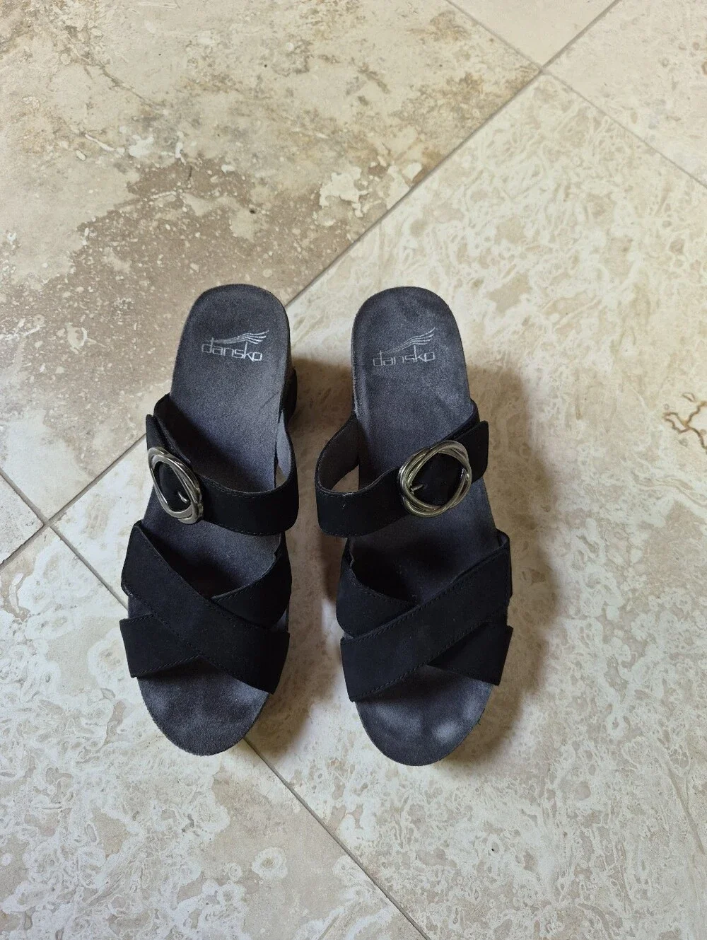 Dansko Susie Adjustable Slide Wedge Sandal, Nubuck Velcro Straps, GENTLY PREWORN